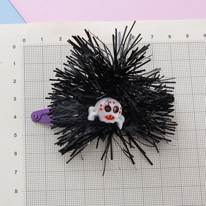 Halloween black tassel hair clip with skull center and purple metal alligator clip base