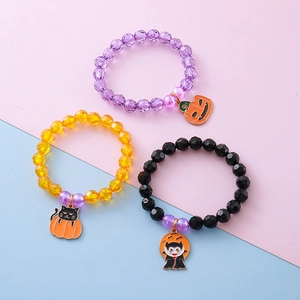 Halloween beaded bracelets with pumpkin and black cat pendants for kids, set of three colors