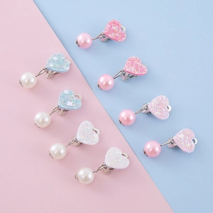Carini Orecchini a Clip a Cuore con Künstliche Perle Sintetiche e Anello Regolabile per Bambine Principessa Gioielli Glitterati