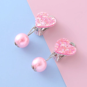 Orecchini a clip per bambine a forma di cuore con glitter rosa e perla pendente