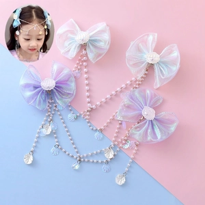 Kids Mermaid Iridescent Organza Bow Hair Clip With Long Artificial Pearl Tassel Shell Pendant Princess Hair Accessory For Girls