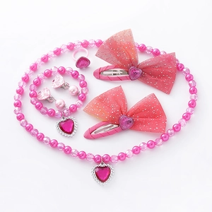 Pink heart pendant necklace and pearl bracelet jewelry set for girls with bow hair clips