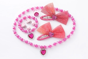 Detailed set of pink heart necklace, bracelet, earrings and mesh bow hair clips for girls