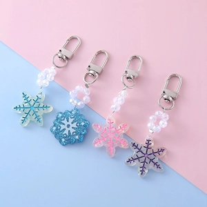 Cute Snowflake Resin Keychain With Colorful Beads Plastic Winter Theme Bag Pendant Accessory For Women Girls Gift