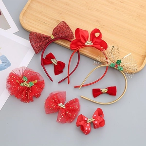 Christmas Kids Hair Accessories Red Bow Headband Glitter Mesh Hair Clips For Girls Holiday Party Festive Headwear