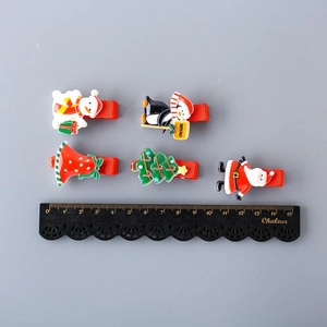 Lot de 5 barrettes de Noël avec bonhomme de neige et Père Noël en résine sur ruban rouge