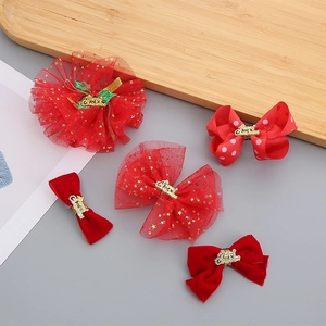 5-piece red Christmas hairband set for girls with Merry Christmas bows and star tulle