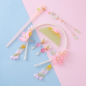 Ancient Chinese Hanfu Hair Accessories Set For Kids Girls Floral Tassel Hairpin Necklace Ear Clips Colored Glaze Jewelry
