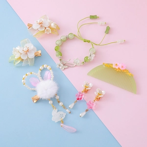 Traditional flower hair clips and jewelry set with green ribbons and pearl rabbit ears
