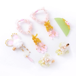Chinese ancient style hair accessory set with floral clips and tassel rabbit scrunchies