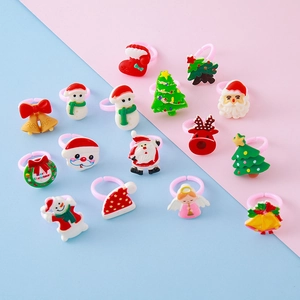 Kids Christmas Cartoon Resin Rings Set Santa Claus Reindeer Snowman Adjustable Pink Plastic Finger Rings Party Favors
