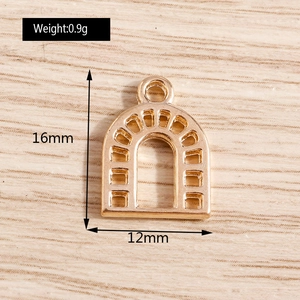 Detailed view of U-shaped gold alloy charm showing 16mm height and 12mm width specs