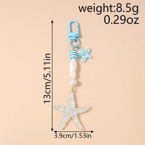 Nautical starfish keychain with striped beads and lobster clasp, measuring 13cm in length