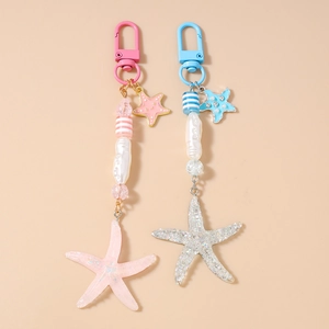 Ocean Starfish Beaded Keychain Fashion Striped Resin Starfish Bag Charm For Women Summer Beach Vacation Jewelry Pendant