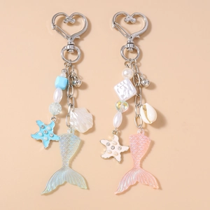 Porte-clés Thème Océan Queue de Sirène Étoile de Mer Coquille Alliage Strass Künstliche Perle d'Imitation Pendentif de Sac Bijoux Femme