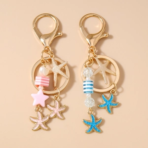 Ozean Seestern Schlüsselanhänger Für Damen Mode Gestreifte Perlen Legierung Emaille Taschenanhänger Süßer Meerestier Schmuck Geschenk