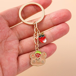 Cute Strawberry Bear Metal Keychain For Women Girls Alloy Enamel Bag Pendant Fruit Animal Jewelry Accessory Gift