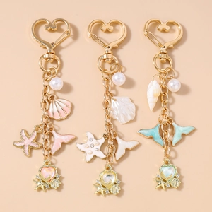 Ocean Theme Sea Star Shell Fish Tail Artificial Pearl Keychain Gold Zinc Alloy Heart Shape Key Ring For Women Bag Pendant Gift