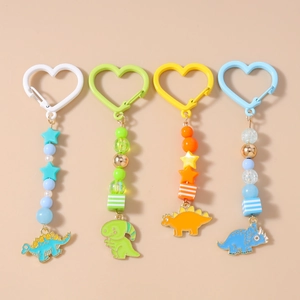 Porte-Clés à Perles Dinosaure de Dessin Animé Avec Clip de Coeur Perles Acryliques Colorées Alliage de Zinc Émail Pendentif Sac Cadeau