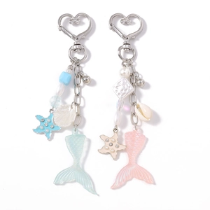 Porte-clés thème marin avec queue de sirène en résine étoile de mer et perles