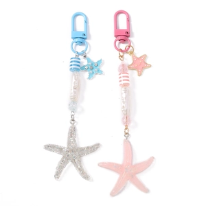 Fashionable nautical starfish keychain with striped beads and charms for bags in blue and pink
