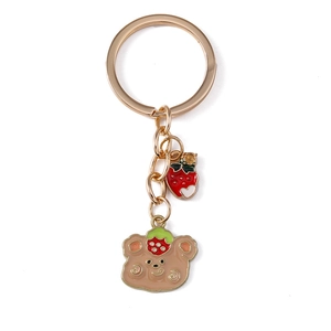 Fashionable strawberry bear keychain with golden metal ring and cute cartoon pendant