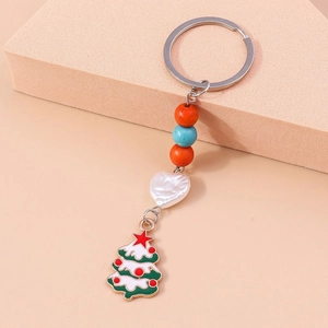 Minimalist Christmas tree keychain with colorful beads and white heart charm decoration