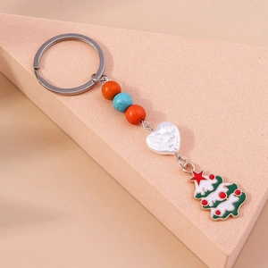 Minimalist pearl beaded keychain with heart and Christmas tree enamel charm on stone base