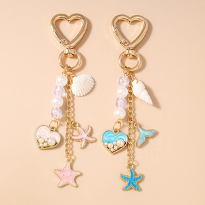 Porte-clés Thème Marin Cœur Conque Étoile de Mer pour Femmes Künstliche Perle Émail Alliage de Zinc Pendentif de Sac