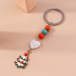 Chic Christmas tree keychain with colorful beads and pearl heart charm on metal ring