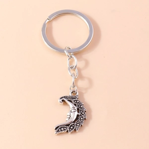 Vintage silver moon face keychain with textured moon charm and sturdy metal keyring
