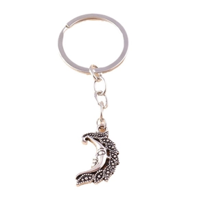 Retro antique silver moon face keychain with boho bohemian carved pendant