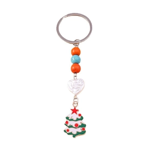Minimalist pearl beaded keychain with orange green beads and heart Christmas tree charm
