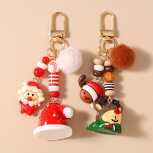 Christmas Plush Reindeer Santa Claus Keychain Artificial Fur Pom Pom Resin Bag Pendant Holiday Festival Gift For Women Kids