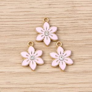 Pink floral pendants with gold finish and rhinestones for DIY jewelry making