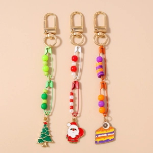 Fashion Beaded Keychain Christmas Tree Santa Claus Eye Cake Pendant Gold Alloy Pin Bag Charm For Women Holiday Gift