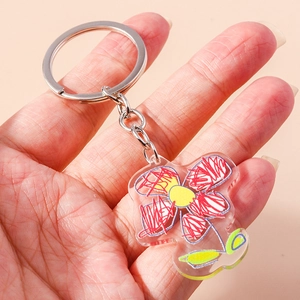 Trendy Doodle Style Flower Acrylic Keychain Creative Line Flower Bag Pendant Zinc Alloy Metal Key Ring Individual Gift