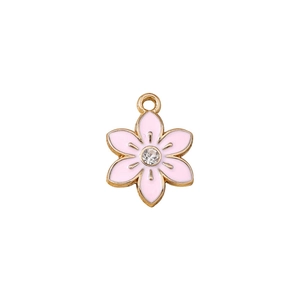 Pink enamel flower keychain pendant with golden alloy frame and central sparkling rhinestone