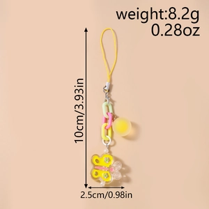 Detail showing dimensions of butterfly keychain charm with pastel chains and yellow bead