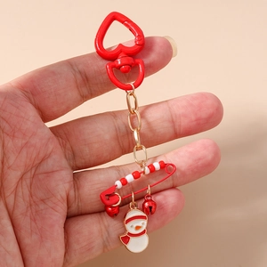 Dettaglio portachiavi pupazzo di neve di Natale con chiusura a cuore rosso e spilla