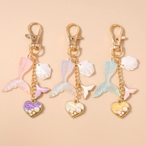 Cute Mermaid Tail Shell Heart Faux Artificial Pearl Alloy Keychain Gold Key Ring Dreamy Ocean Bag Pendant For Women Girls Gift
