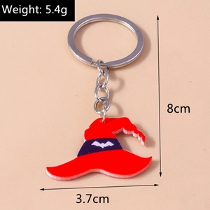 Detailed view of Halloween witch hat keychain with dimensions and weight specs