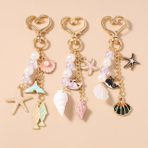 Ocean Theme Starfish Whale Shell Keychain Zinc Alloy Bead Pendant Heart Clasp Bag Accessory For Women Girls Gift