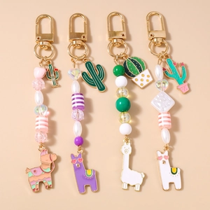 Fashion Colorful Beaded Keychain Cute Llama Cactus Enamel Pendant Bag Charm Alloy Keyring For Women Backpack Jewelry Gift