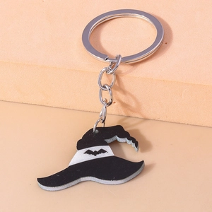 Halloween keychain featuring a black witch hat charm with bat motifs and metal ring