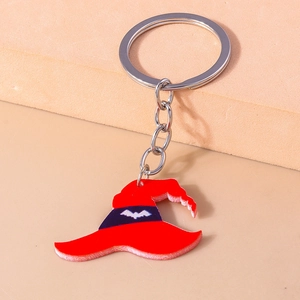 Halloween witch hat keychain in red acrylic with purple ribbon and bat logo detail