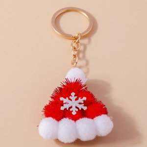 Llavero de Pompones de Peluche de Gorro de Navidad para Mujer Rojo Blanco Llavero Festivo con Dije de Copo de Nieve Cadena Dorada