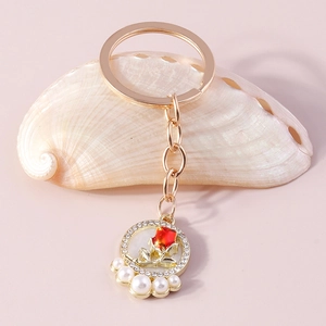 Vintage Gold Alloy Rose Artificial Pearl Keychain Rhinestone Floral Round Pendant Bag Charm For Women Wedding Valentine Gift Pendant