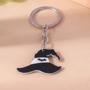 Detail view of Halloween witch hat keychain with black bat motif and silver ring