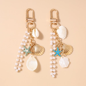 Ocean Style Starfish Shell Keychain With Artificial Pearl Zinc Alloy Gold Blue Bag Pendant For Women Summer Beach Travel Jewelry